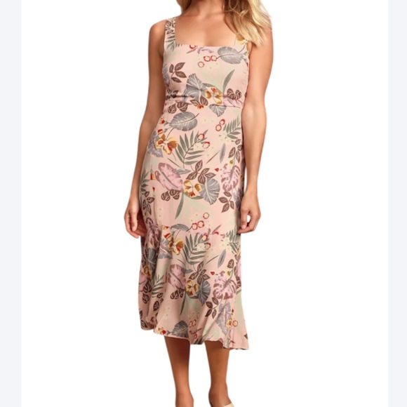 Lulus Dresses & Skirts - Lulu’s Island Sun Blush Pink Tropical Print Tie-Back Midi Dress Size XS Beachy